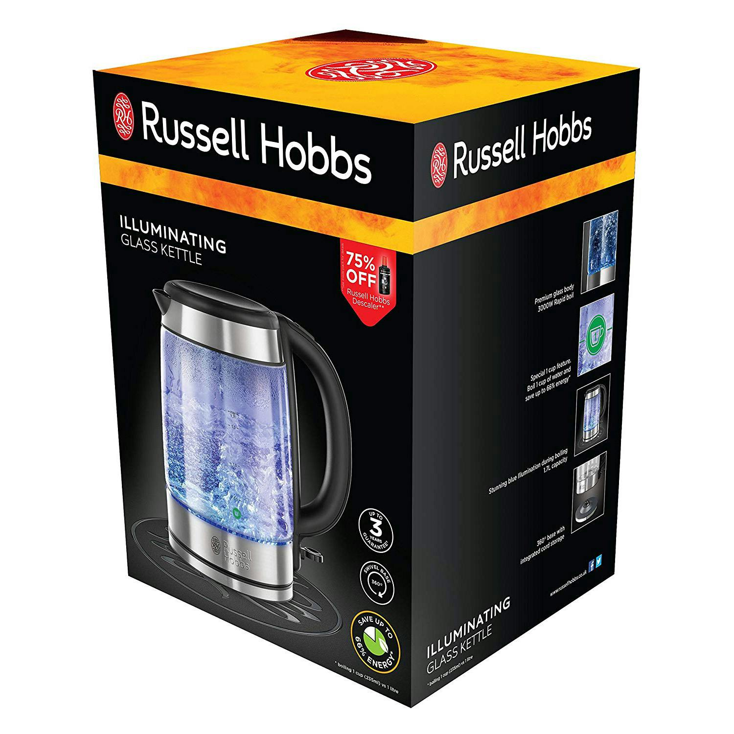 Russell Hobbs 2160010 1.7 Litre Illuminated Glass Kettle in Black, 3.0 kW