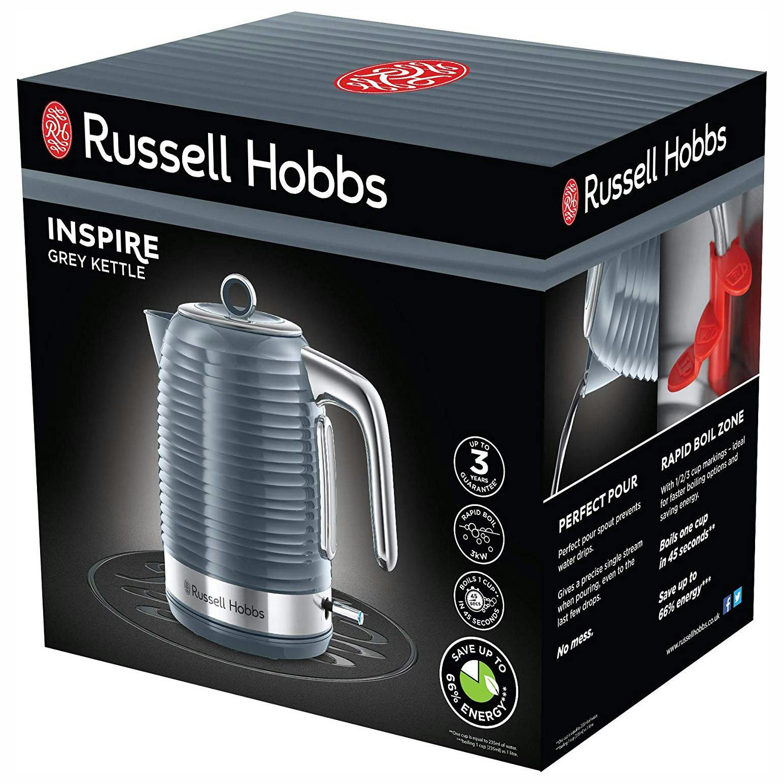 Russell Hobbs 24363 Inspire 1.7 Litre Kettle in Grey, 3.0 kW Rapid Boil