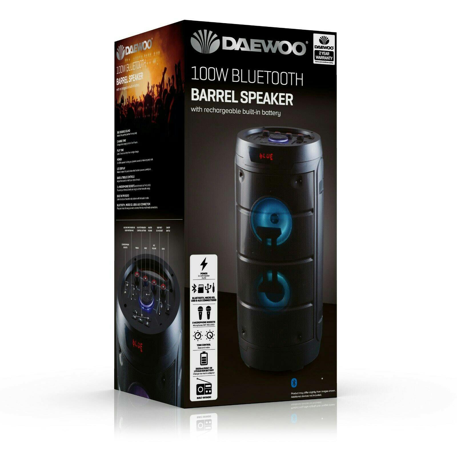 Daewoo AVS1338 100W Rechargeable Bluetooth Barrel Speaker in Black
