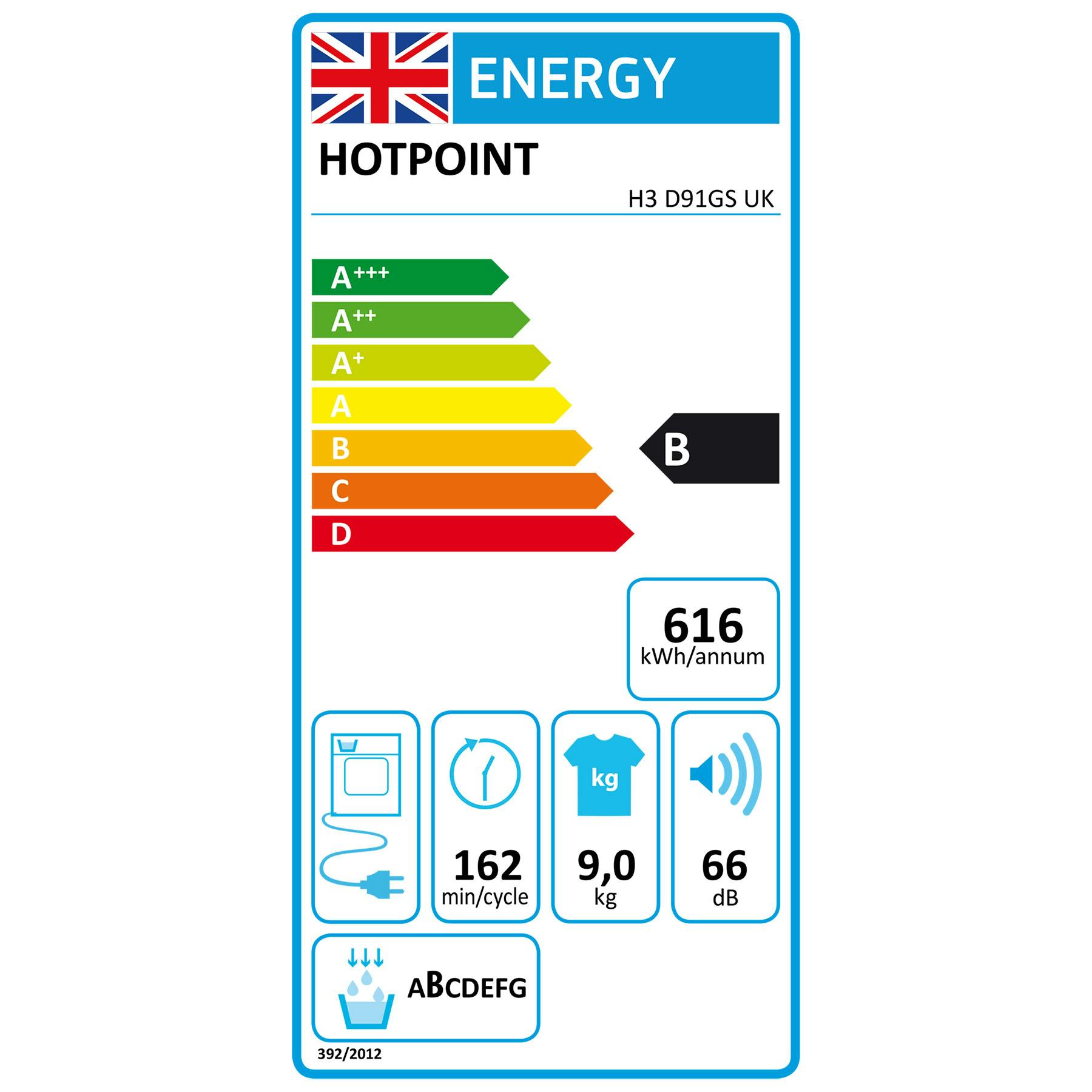 Hotpoint H3D91GSUK 9kg Condenser Dryer In Graphite B Rated Sensor