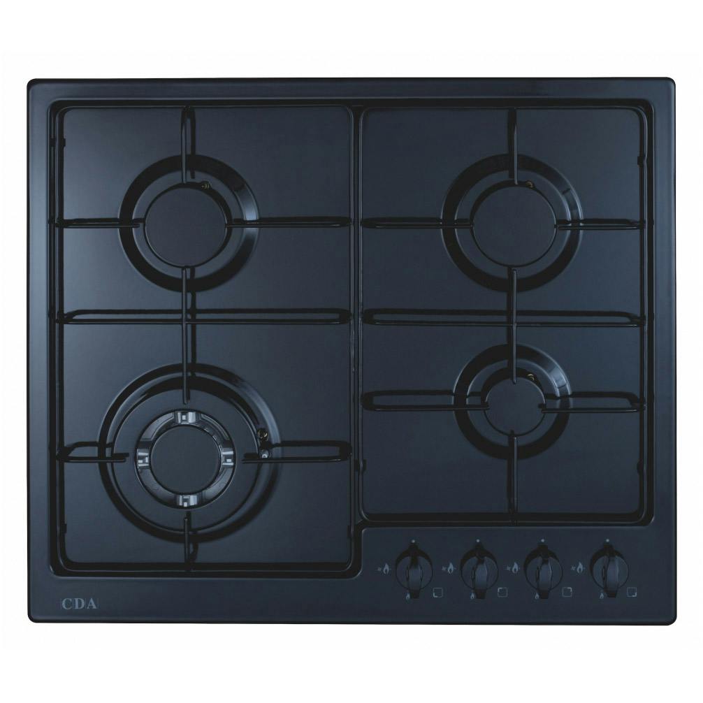 CDA HG6251BL 60cm Built-In 4 Burner Gas Hob in Black, Wok Burner