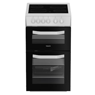 Hotpoint HTE5VCW 50cm Twin Cavity Electric Cooker in White Ceramic Hob