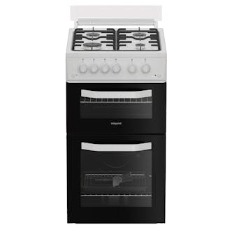 Hotpoint HTG5GCWL 50cm Twin Cavity Gas Cooker with Glass Lid in White 59L