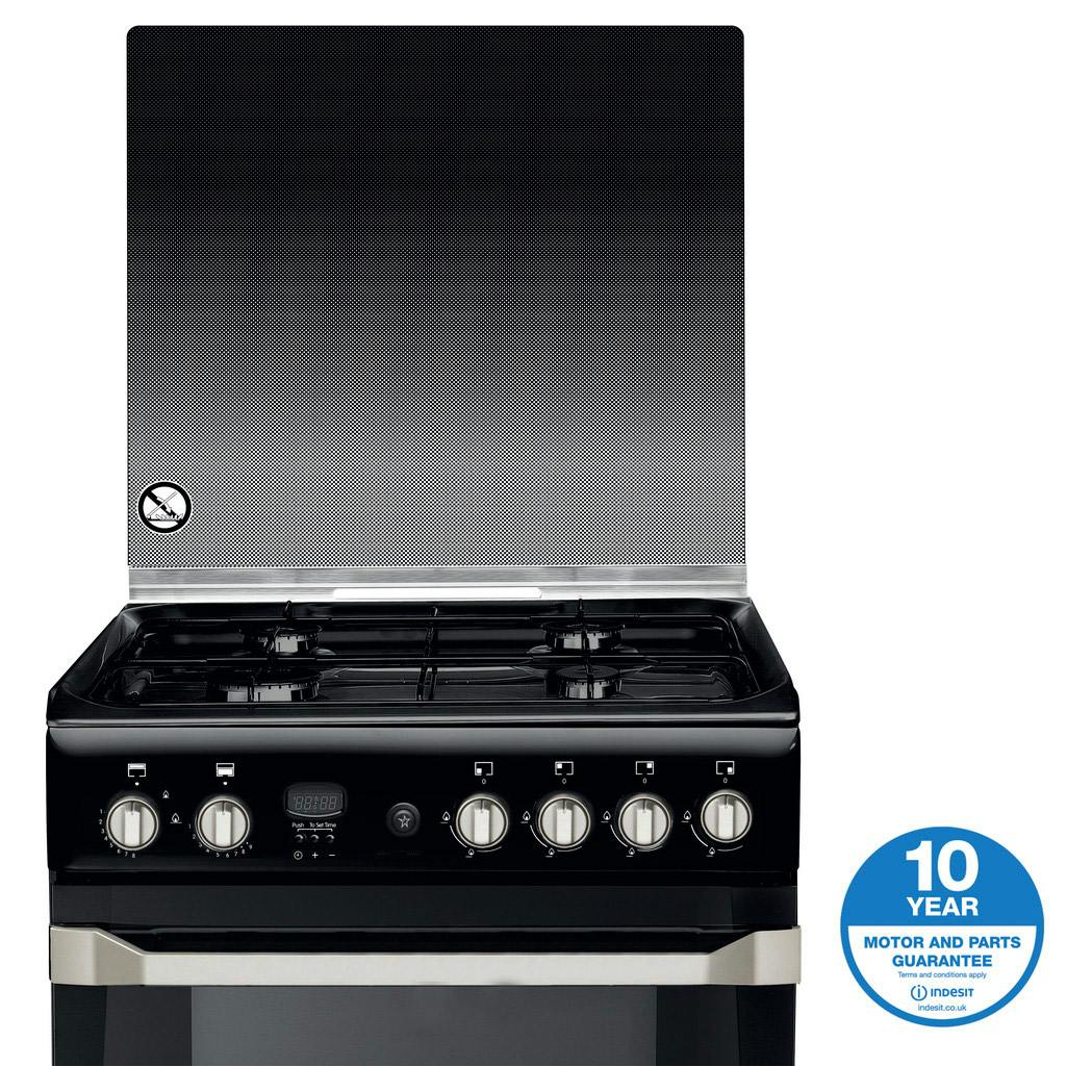 Indesit ID60G2K 60cm Double Oven Gas Cooker in Black Glass Lid