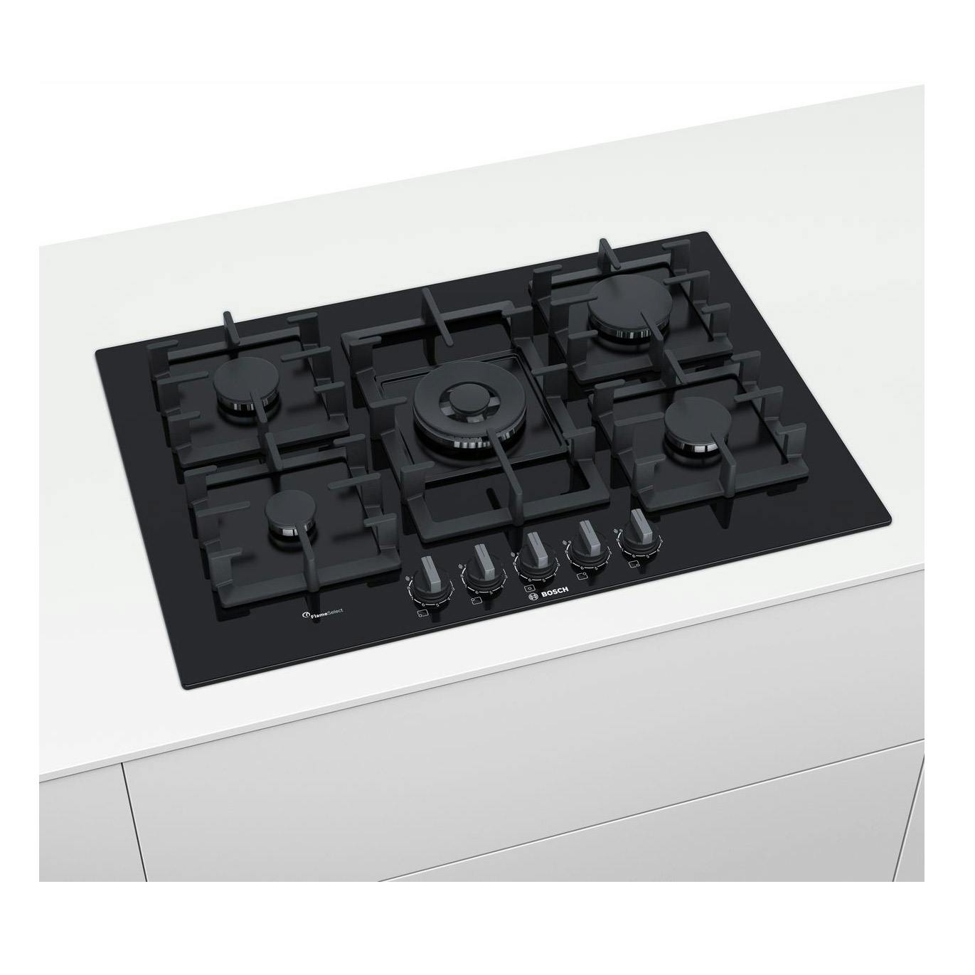 Bosch PPQ7A6B90 Series 6 75cm 5 Burner Gas Hob In Black Glass Wok