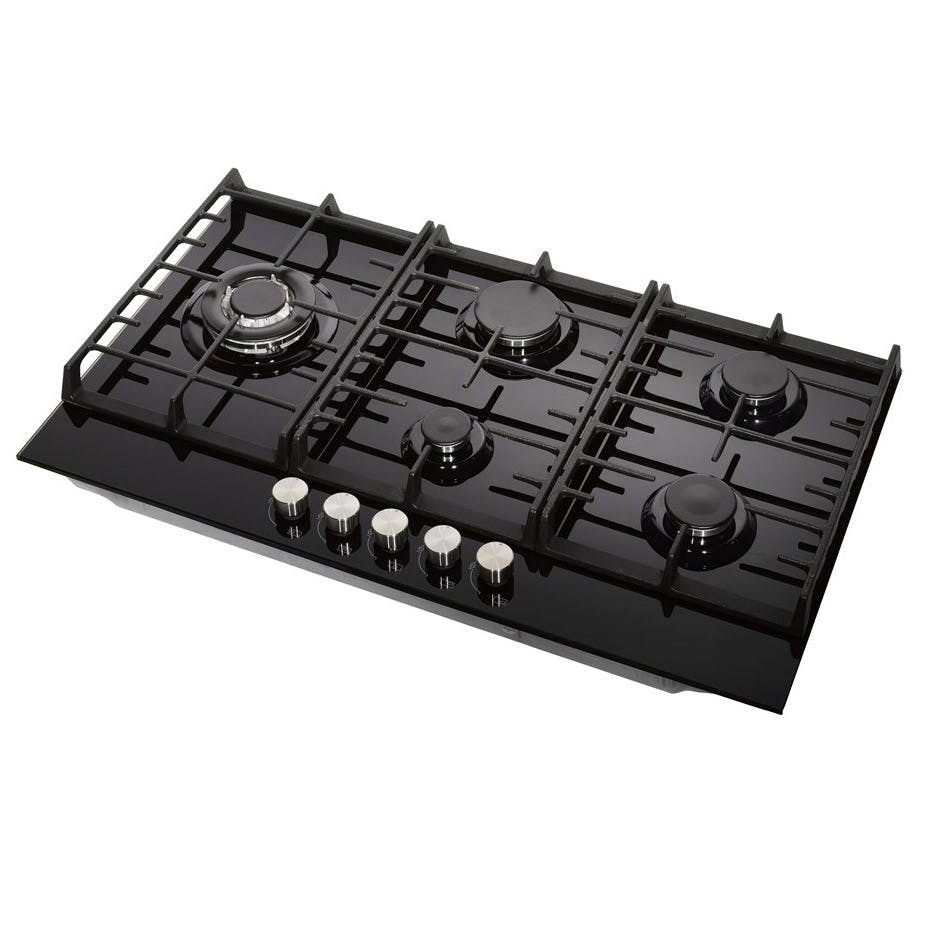 Teknix SCGH751B 75cm 5 Burner Gas Hob on Black Glass, Wok Burner