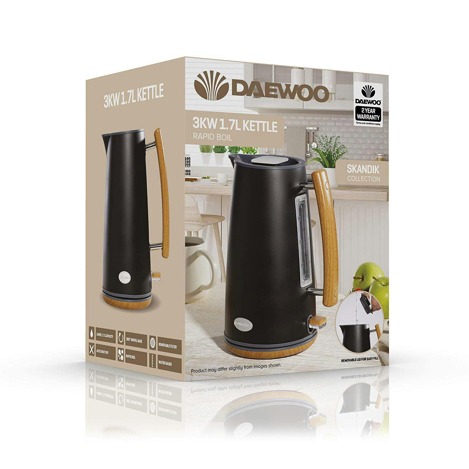 Daewoo SDA1696GE SKANDIK Cordless Jug Kettle in Black 1.7L 3kW