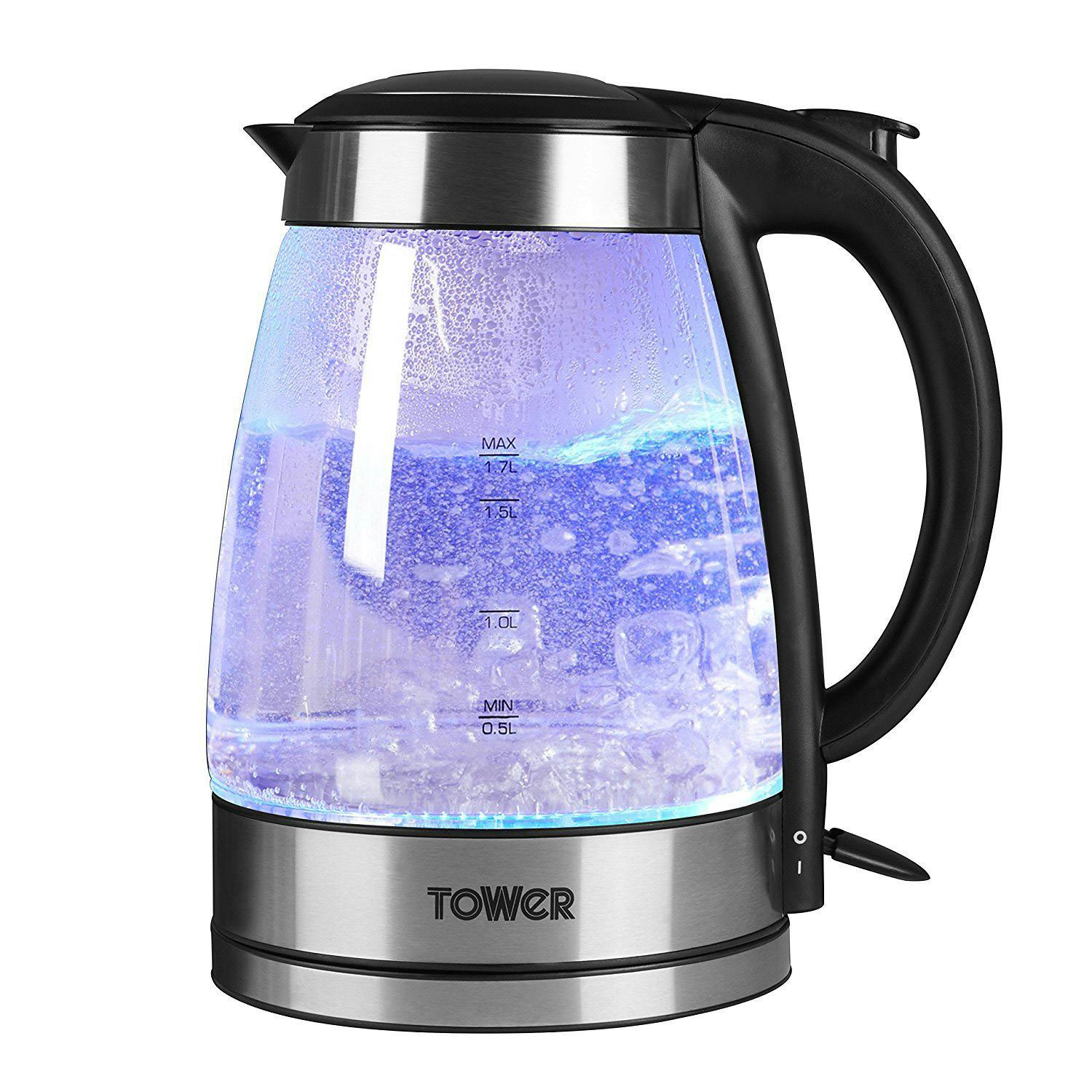 Tower T10018 1.7 Litre Illuminated Glass Kettle in Black, 3.0 kW