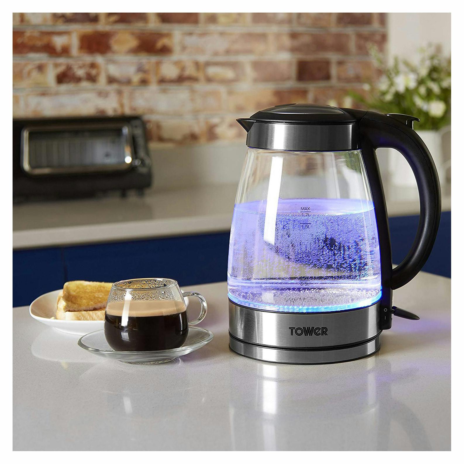 Tower T10018 1.7 Litre Illuminated Glass Kettle in Black, 3.0 kW