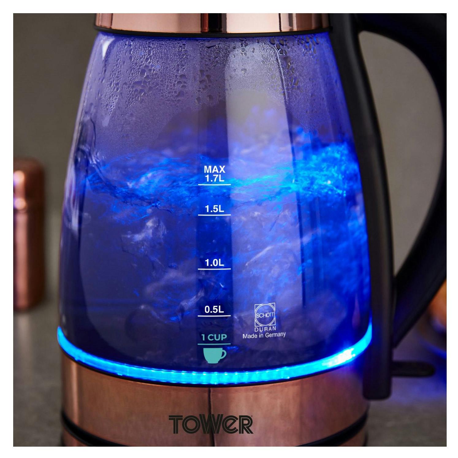 Tower T10058RG Illuminated Smoked Glass Kettle in Rose Gold 1.7L 3kW