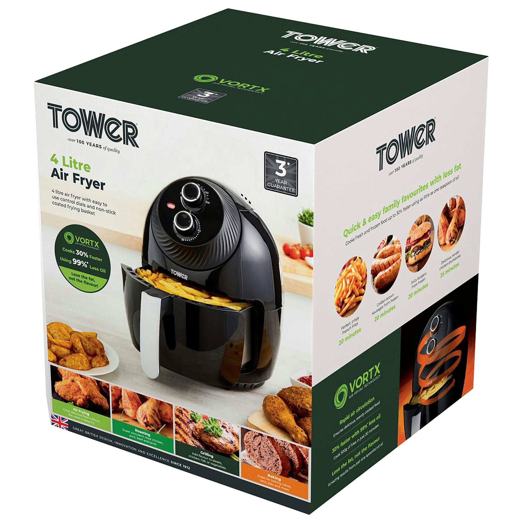 Tower T17082BF 4L Vortex Single Zone Manual Air Fryer in Black