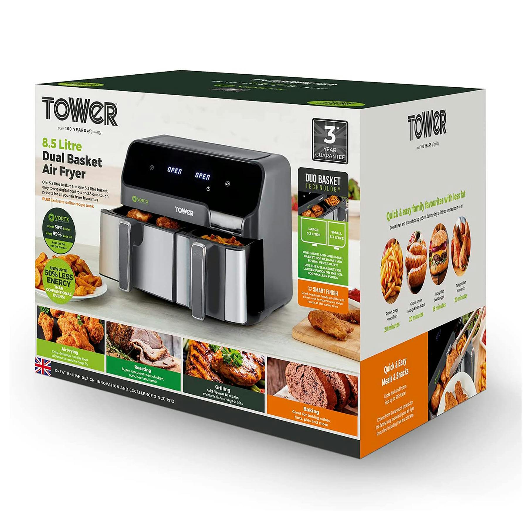Tower T17099 8.5L VORTX Dual Zone Air Fryer with Smart Finish
