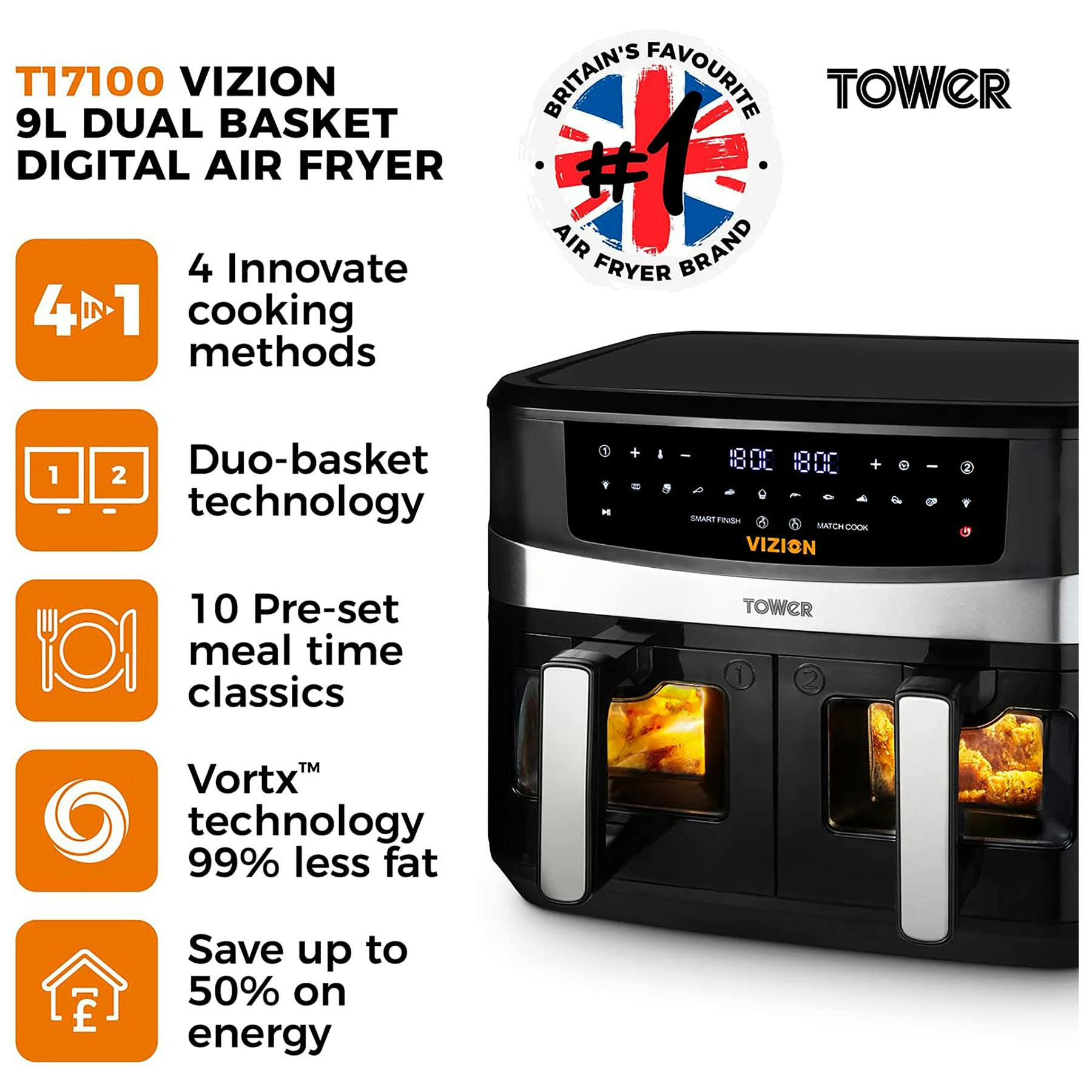 Tower T17100 9L VORTX Dual Zone Air Fryer With Vizion Windows