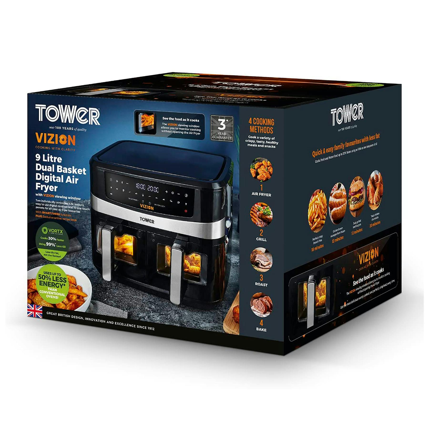 Tower T17100 9L VORTX Dual Zone Air Fryer With Vizion Windows