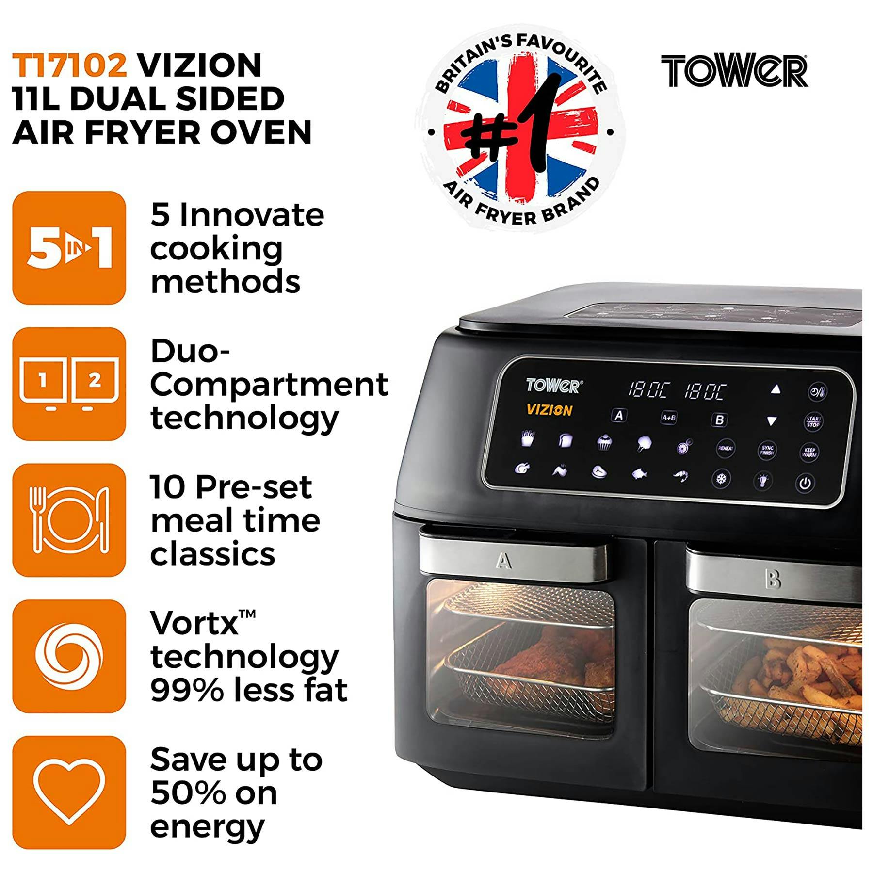 Tower T17102 11L VORTX Dual Zone Air Fryer With Vizion Windows