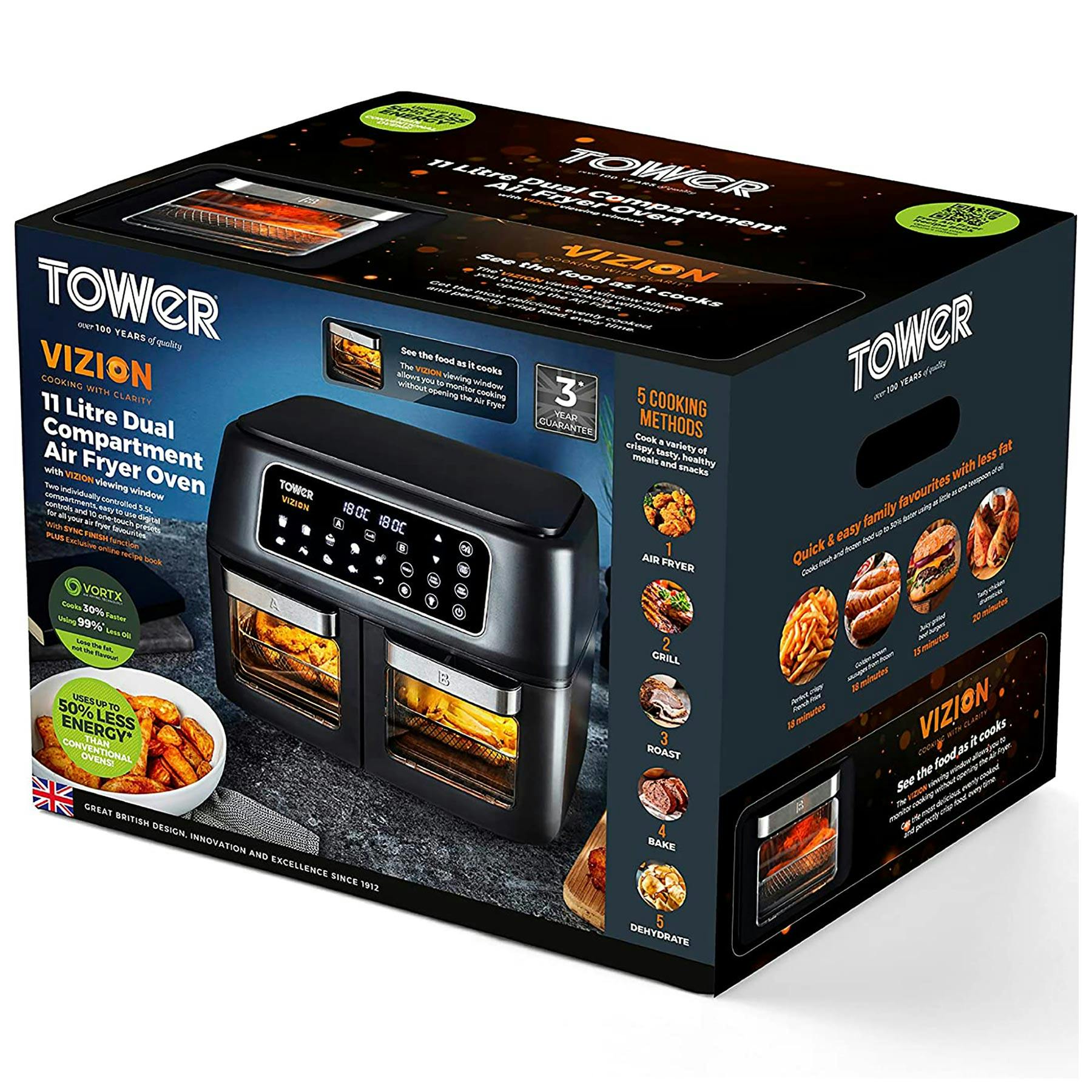 Tower T17102 11L VORTX Dual Zone Air Fryer With Vizion Windows