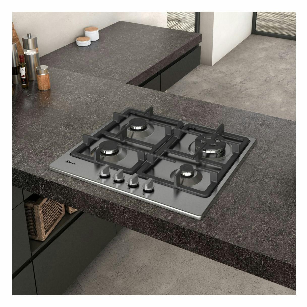 Neff T26BB59N0 Built-In 58cm 4 Zone Gas Hob in St/Steel, Wok Burner